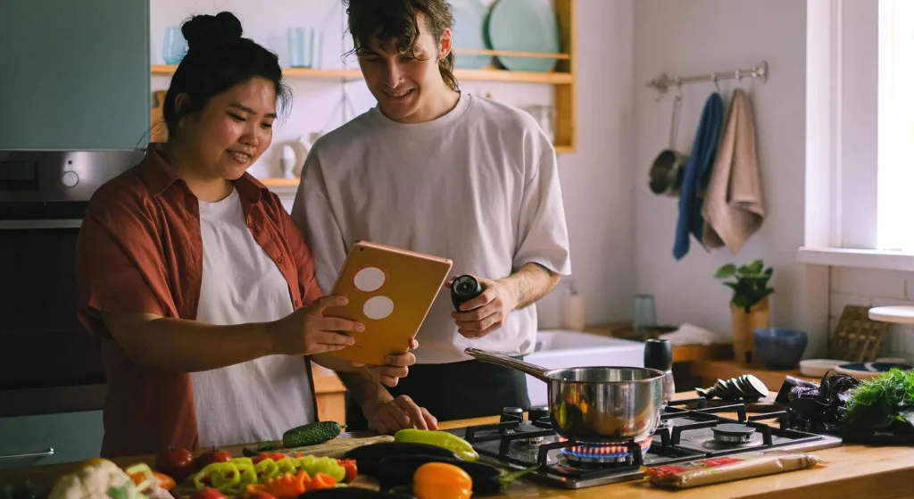 A couple preparing a meal together using a tablet in a modern kitchen setting